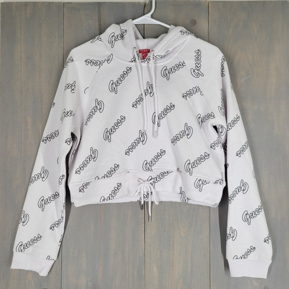 Guess Sandra Crop Hoodie Womens Size M‎ White All Over Script Logo Sweatshirt